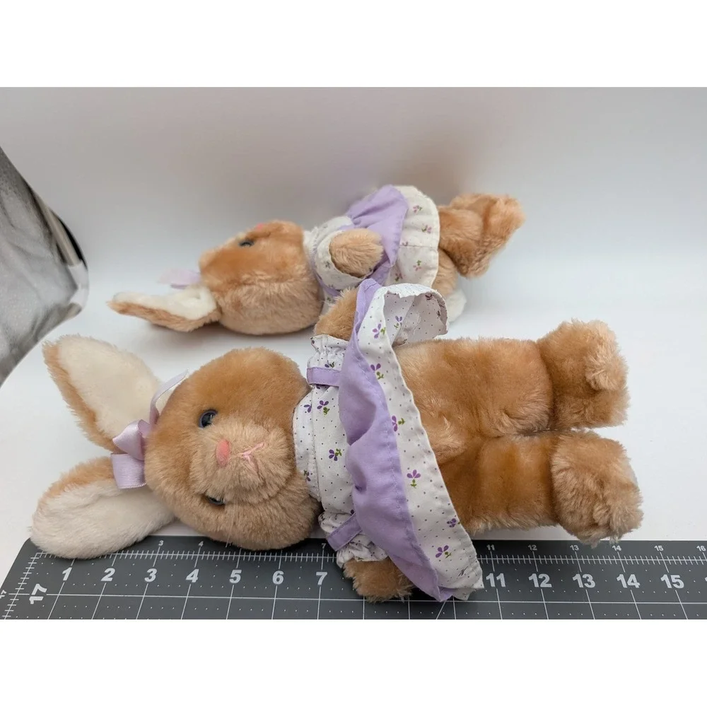 Dakin Plush Bunny Rabbit Tan Vintage 1983 Floral Dress Purple Lot of 2